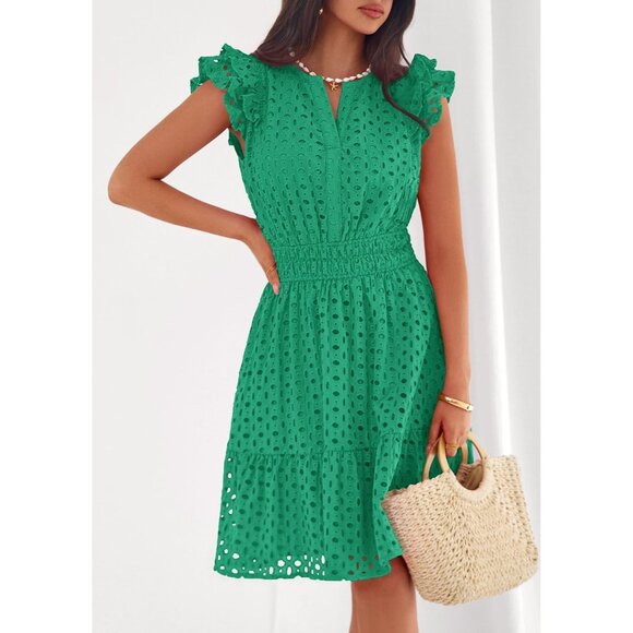 Women's Green V Neck Eyelet Cap Sleeve Summer Beach Vacation Sundresseses - Picture 7 of 8